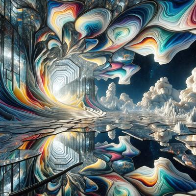 The primary subject of the image is a large, colorful, and abstract artwork, which appears to be a digital painting or an illustration. The setting is a space with a backdrop of clouds, creating a surreal and dreamy atmosphere. The visual style is artistic and creative, with a focus on vibrant colors and intricate patterns. The overall mood of the image is one of wonder and imagination, as the viewer is drawn into the captivating world of the artwork.